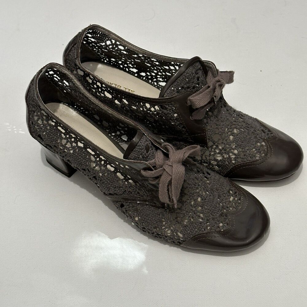All Black Footwear Crochet Lace Leather Pumps Heels Grey Shoes Womens 8.5 - Picture 1 of 9